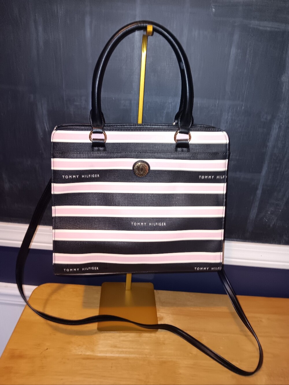 Tommy Hilfiger Black and Pink Striped Top-Handle Satchel Bag